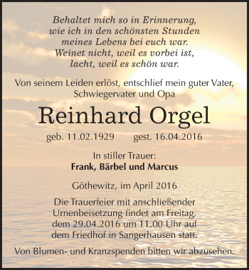 Traueranzeige von Reinhard Orgel von Mitteldeutsche Zeitung Sangerhausen