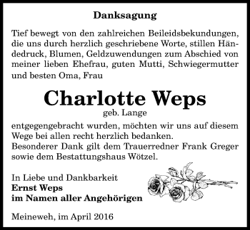 Traueranzeige von Charlotte Weps von Mitteldeutsche Zeitung Zeitz