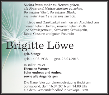 Traueranzeige von Brigitte Löwe von Mitteldeutsche Zeitung Merseburg/Querfurt