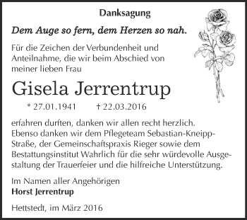 Traueranzeige von Gisela Jerrentrup von Wochenspiegel Mansfelder Land