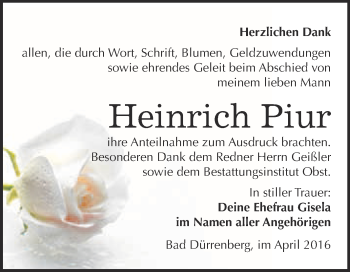Traueranzeige von Heinrich Piur von Super Sonntag Merseburg