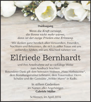 Traueranzeige von Elfriede Bernhardt von WVG - Wochenspiegel Wittenberg