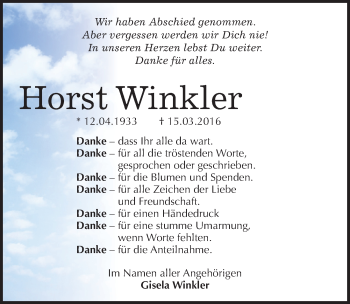 Traueranzeige von Horst Winkler von Mitteldeutsche Zeitung Mansfelder Land