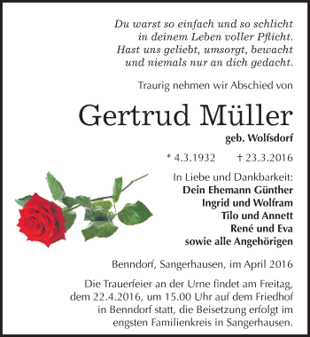 Traueranzeige von Gertrud Müller von Mitteldeutsche Zeitung Mansfelder Land