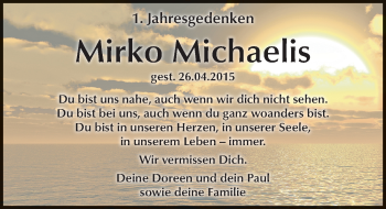 Traueranzeige von Mirko Michaelis von Mitteldeutsche Zeitung Köthen