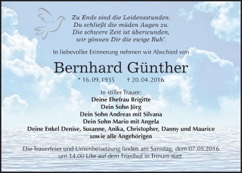 Traueranzeige von Bernhard Günther von Mitteldeutsche Zeitung Köthen