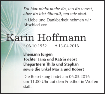 Traueranzeige von Karin Hoffmann von WVG - Wochenspiegel Bitterfeld