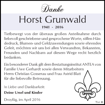 Traueranzeige von Horst Grunwald von Super Sonntag Zeitz