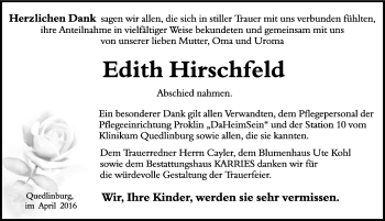 Traueranzeige von Edith Hirschfeld von Mitteldeutsche Zeitung Quedlinburg