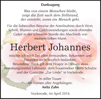 Traueranzeige von Herbert Johannes von Mitteldeutsche Zeitung Wittenberg