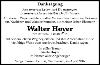Traueranzeige von Walter Hoyer von Mitteldeutsche Zeitung Sangerhausen