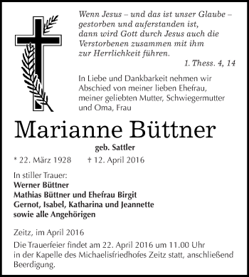 Traueranzeige von Marianne Büttner von Super Sonntag Zeitz