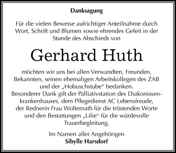 Traueranzeige von Gerhard Huth von Mitteldeutsche Zeitung Dessau-Roßlau