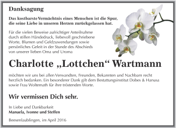 Traueranzeige von Charlotte Wartmann von Super Sonntag Bernburg