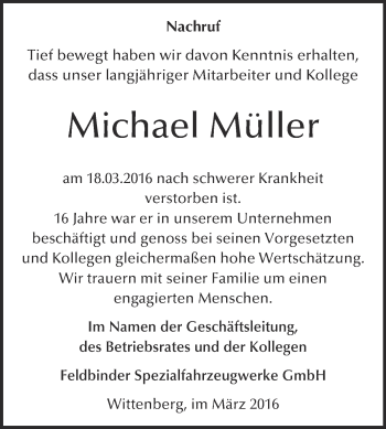 Traueranzeige von Michael Müller von WVG - Wochenspiegel Wittenberg