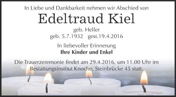 Traueranzeige von Edeltraud Kiel von Super Sonntag Aschersleben