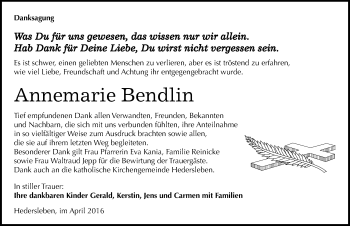 Traueranzeige von Annemarie Bendlin von Mitteldeutsche Zeitung Mansfelder Land