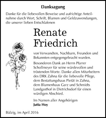 Traueranzeige von Renate Friedrich von WVG - Wochenspiegel Wittenberg
