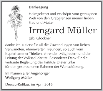 Traueranzeige von Irmgard Müller von WVG - Wochenspiegel Dessau / Köthen
