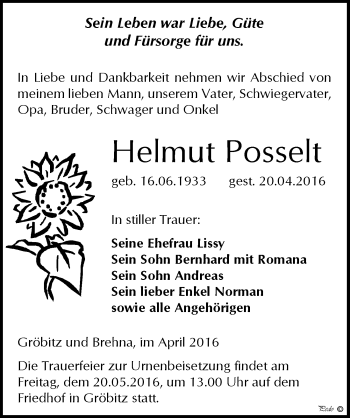 Traueranzeige von Helmut Posselt von Mitteldeutsche Zeitung Weißenfels