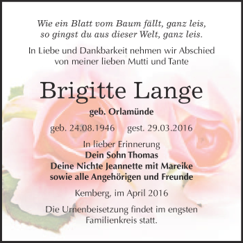 Traueranzeige von Brigitte Lange von WVG - Wochenspiegel Wittenberg