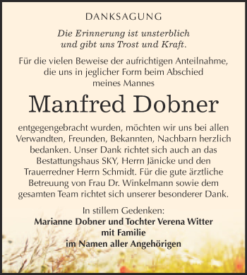 Traueranzeige von Manfred Dobner von Super Sonntag Wittenberg