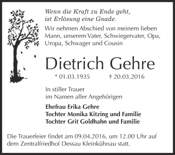 Traueranzeige von Dietrich Gehre von WVG - Wochenspiegel Dessau / Köthen