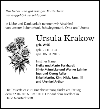 Traueranzeige von Ursula Krakow von Mitteldeutsche Zeitung Halle/Saalkreis