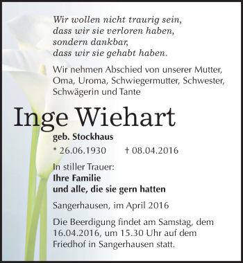 Traueranzeige von Inge Wiehart von Mitteldeutsche Zeitung Sangerhausen