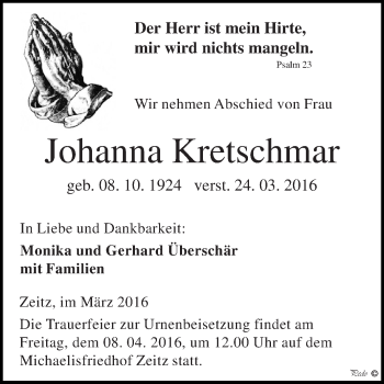 Traueranzeige von Johanna Kretschmar von Super Sonntag Zeitz