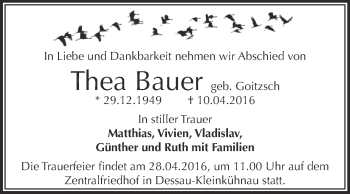 Traueranzeige von Thea Bauer von WVG - Wochenspiegel Dessau / Köthen