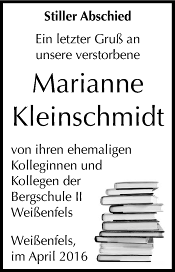 Traueranzeige von Marianne Kleinschmidt von Mitteldeutsche Zeitung Weißenfels