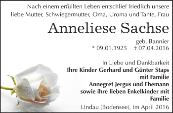 Traueranzeige von Anneliese Sachse von Mitteldeutsche Zeitung Zeitz