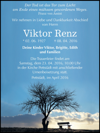 Traueranzeige von Viktor Renz von WVG - Wochenspiegel NMB / WSF / ZTZ