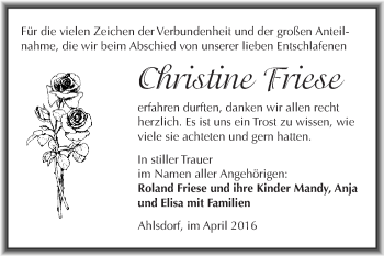 Traueranzeige von Christine Friese von Wochenspiegel Mansfelder Land