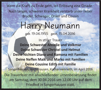 Traueranzeige von Harry Neumann von Super Sonntag SGH Mansf. Land