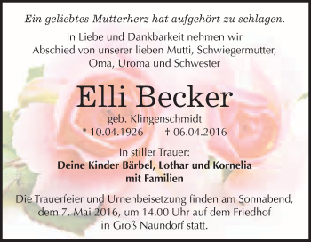 Traueranzeige von Elli Becker von WVG - Wochenspiegel Wittenberg