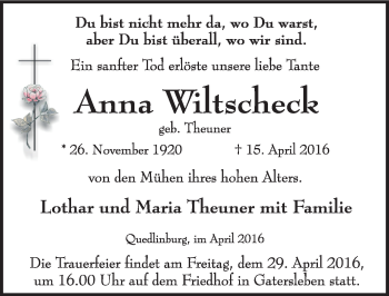 Traueranzeige von Anna Wiltscheck von Mitteldeutsche Zeitung Aschersleben