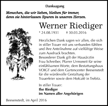 Traueranzeige von Werner Riediger von Mitteldeutsche Zeitung Halle/Saalkreis