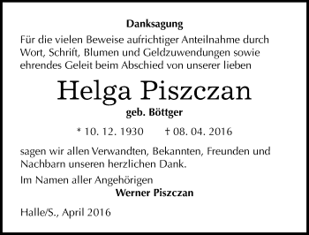 Traueranzeige von Helga Piszczan von Mitteldeutsche Zeitung Halle/Saalkreis