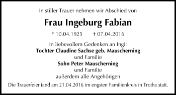 Traueranzeige von Ingeburg Fabian von Mitteldeutsche Zeitung Halle/Saalkreis