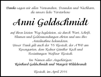 Traueranzeige von Anni Goldschmidt von Mitteldeutsche Zeitung Sangerhausen