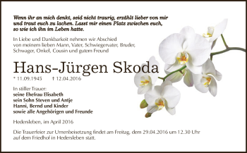 Traueranzeige von Hans-Jürgen Skoda von Wochenspiegel Mansfelder Land