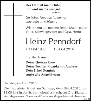 Traueranzeige von Heinz Penndorf von Super Sonntag Zeitz