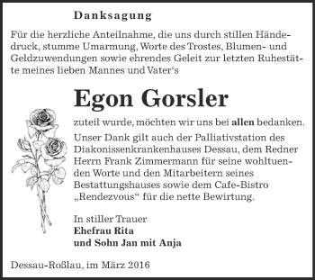 Traueranzeige von Egon Gorsler von WVG - Wochenspiegel Dessau / Köthen