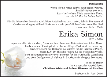 Traueranzeige von Erika Simon von Mitteldeutsche Zeitung Quedlinburg