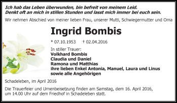 Traueranzeige von Ingrid Bombis von Super Sonntag Aschersleben