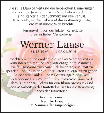 Traueranzeige von Werner Laase von Mitteldeutsche Zeitung Merseburg/Querfurt