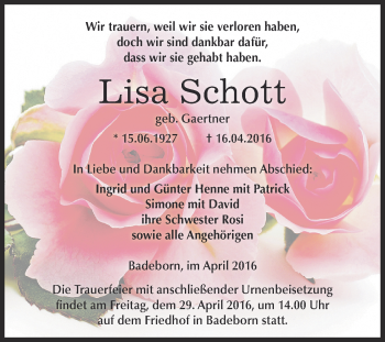 Traueranzeige von Lisa Schott von Super Sonntag Aschersleben