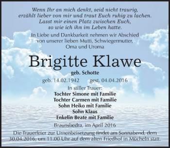 Traueranzeige von Brigitte Klawe von Mitteldeutsche Zeitung Merseburg/Querfurt